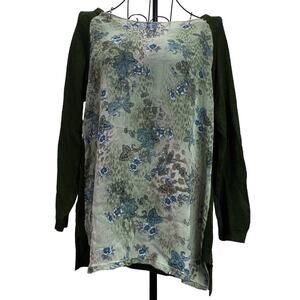 Zara Knit Floral Chiffon Sweater Tunic High Low Split Hem Long Sleeves Green